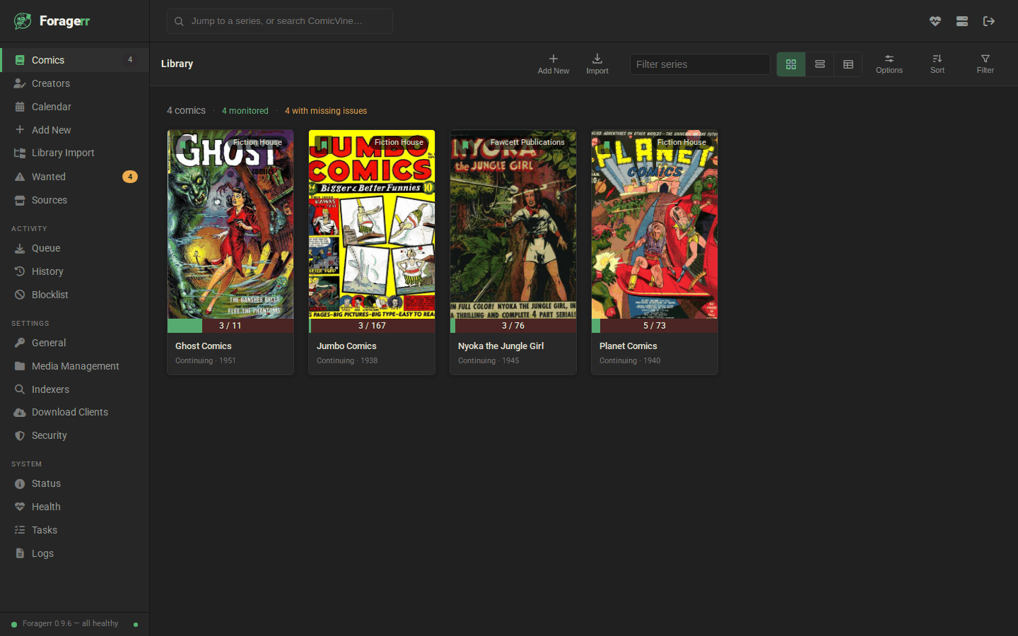 The library index: a poster grid of series with cover art, monitored state, and owned/total issue counts