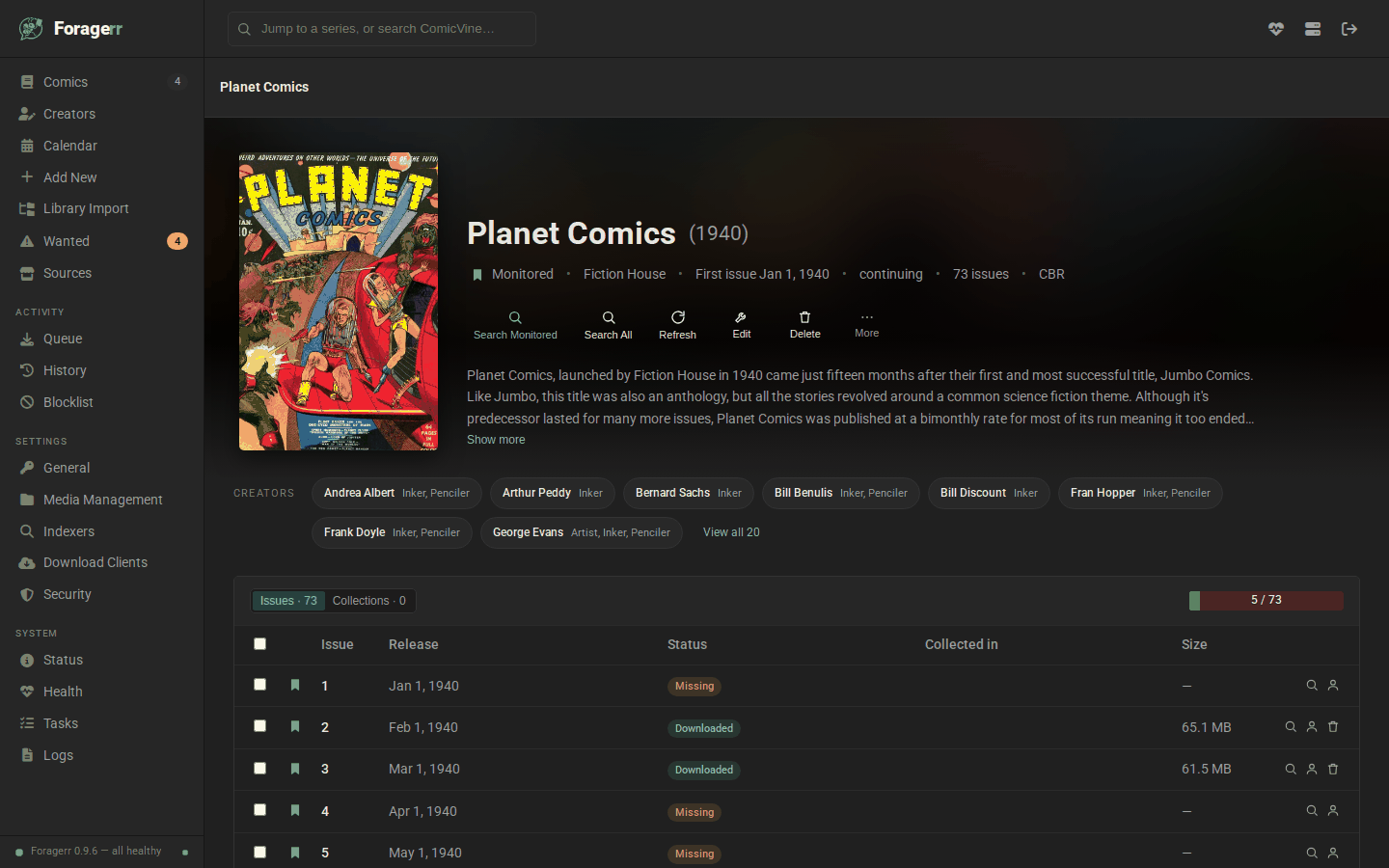 A series page: cover, publisher and path details, and the issue table showing owned files and missing issues