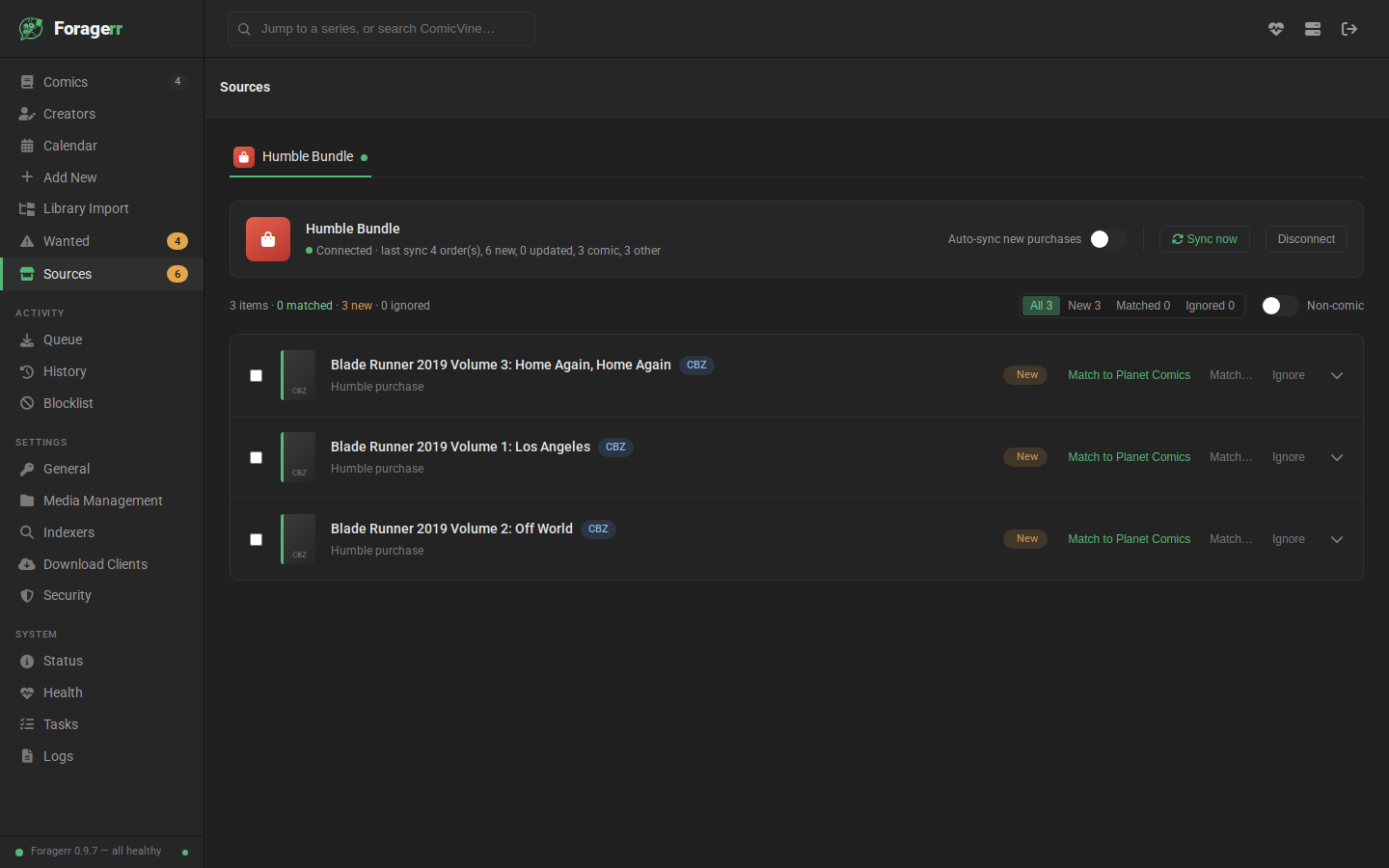 The Sources screen connect card: connecting a Humble Bundle account by pasting a session cookie, with helper steps, an auto-sync toggle, and a privacy note